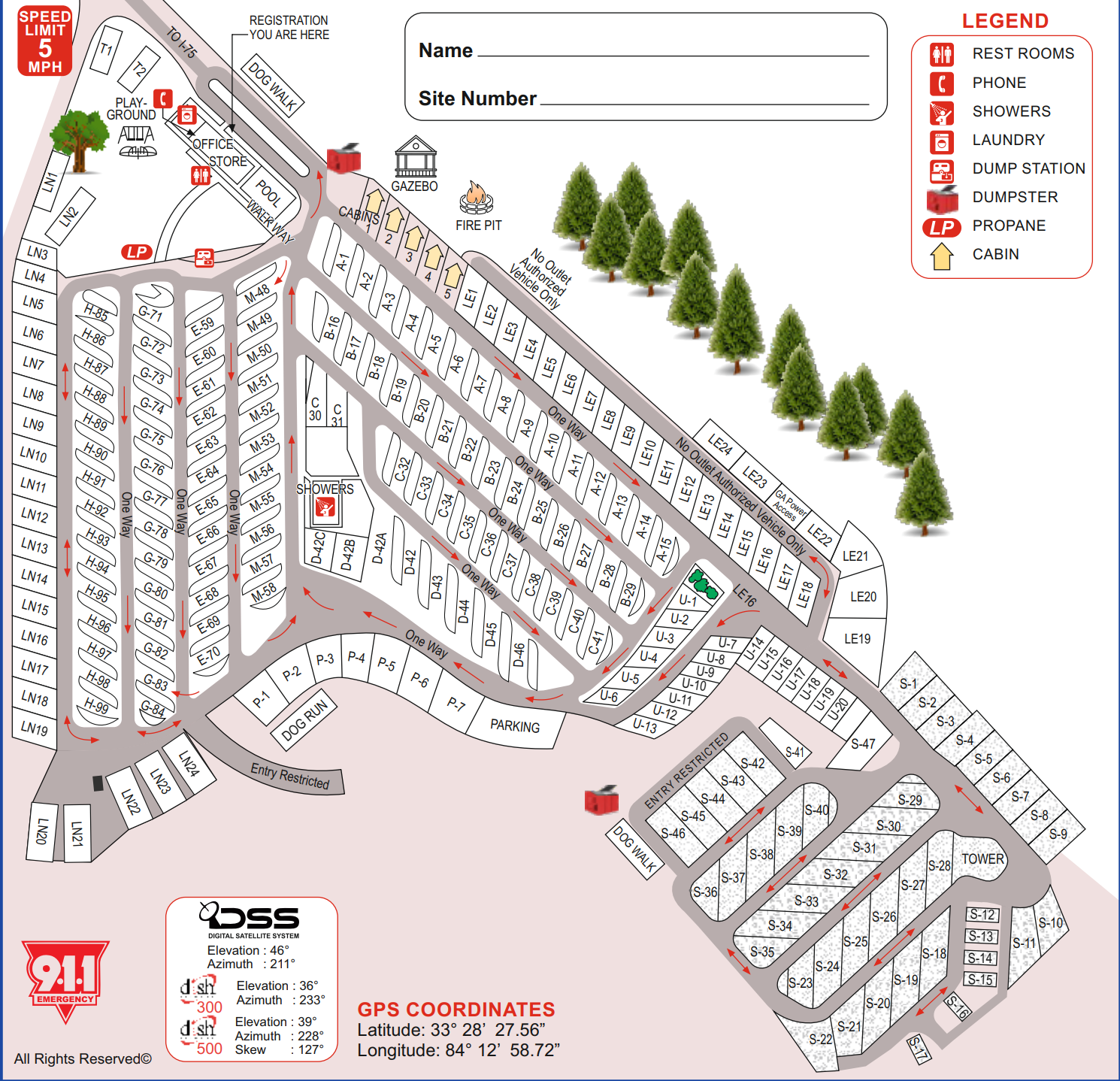 A map of a campground with the number 911 on it