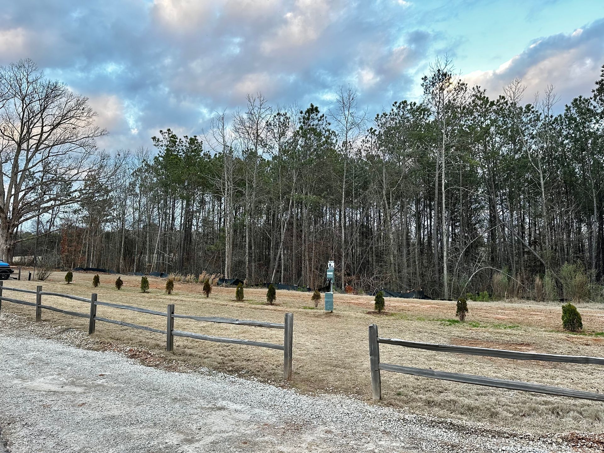 A wooden fence surrounds a field with trees in the background.