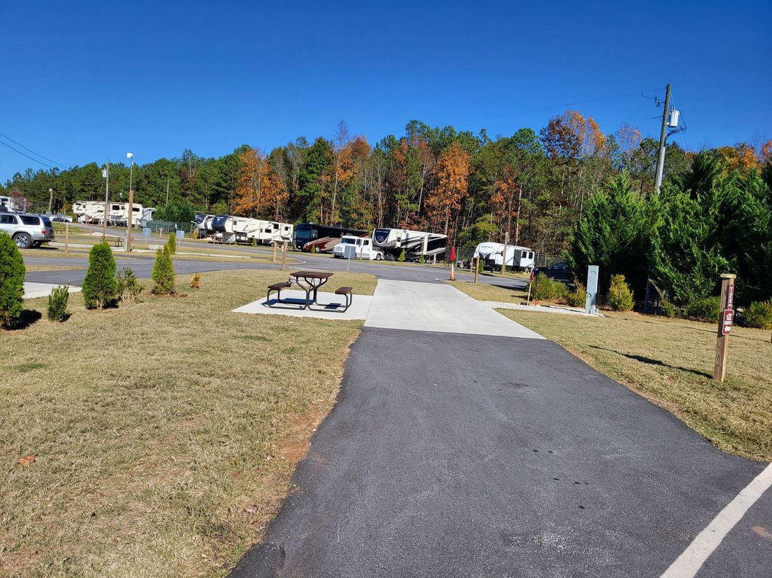 A path leading to a campground with a picnic table in the middle.