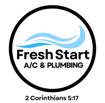 A logo for fresh start a / c and plumbing with a quote from 2 corinthians 5:17.