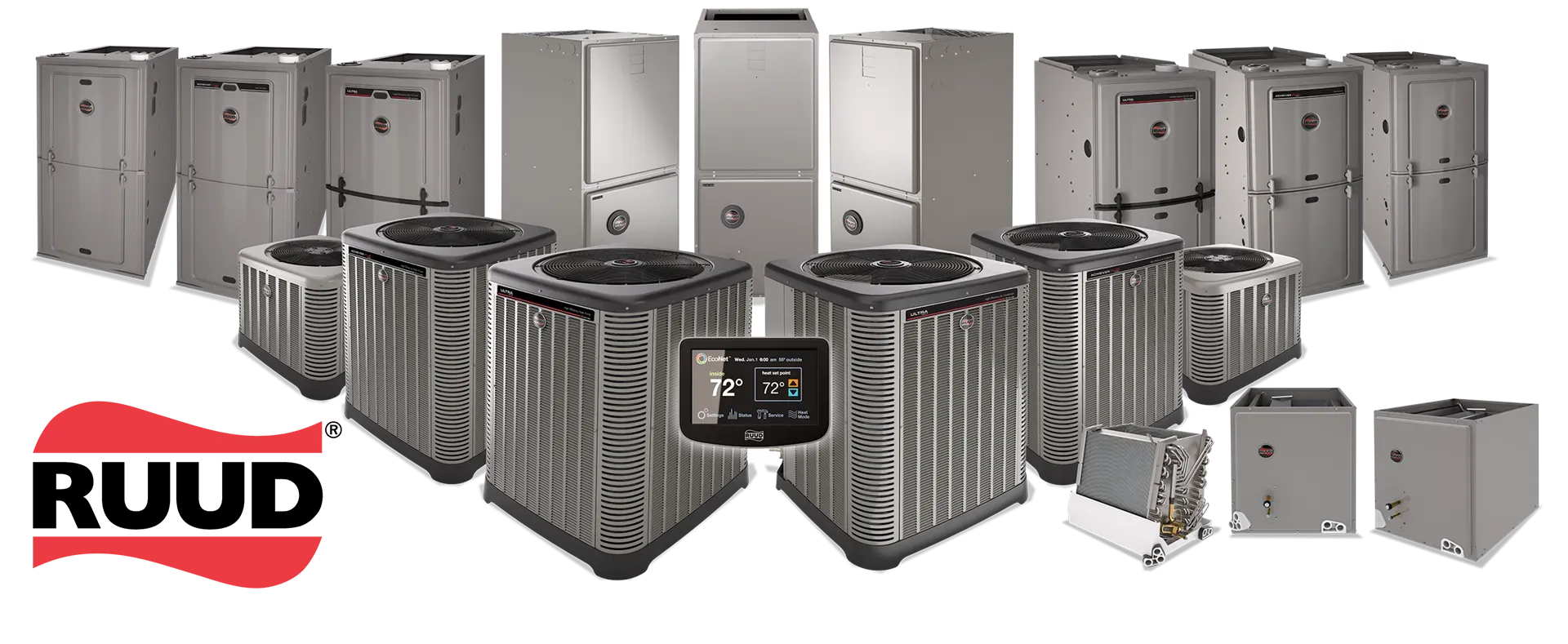 A bunch of air conditioners are lined up in a row