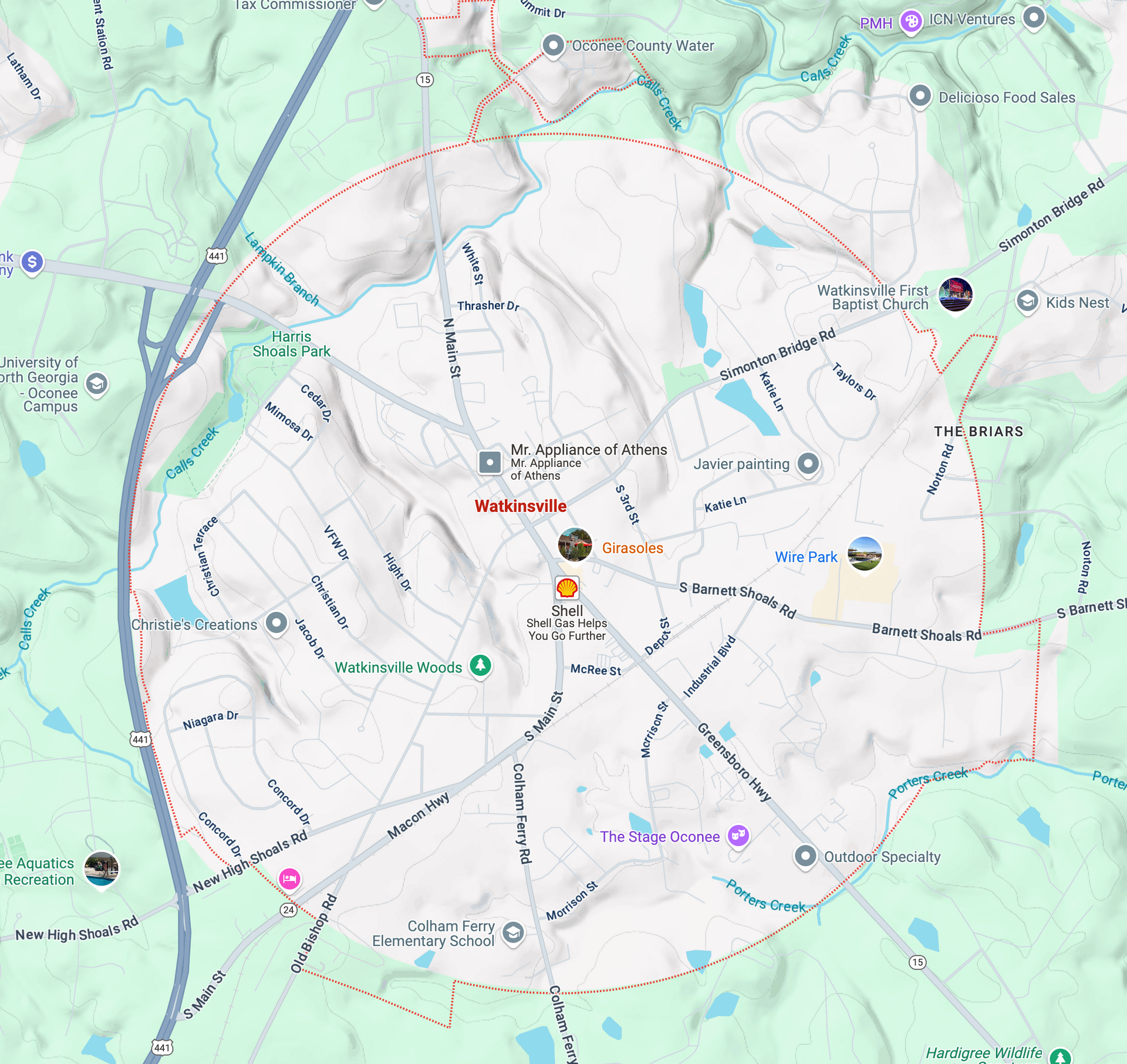 A map of a city with a circle around it