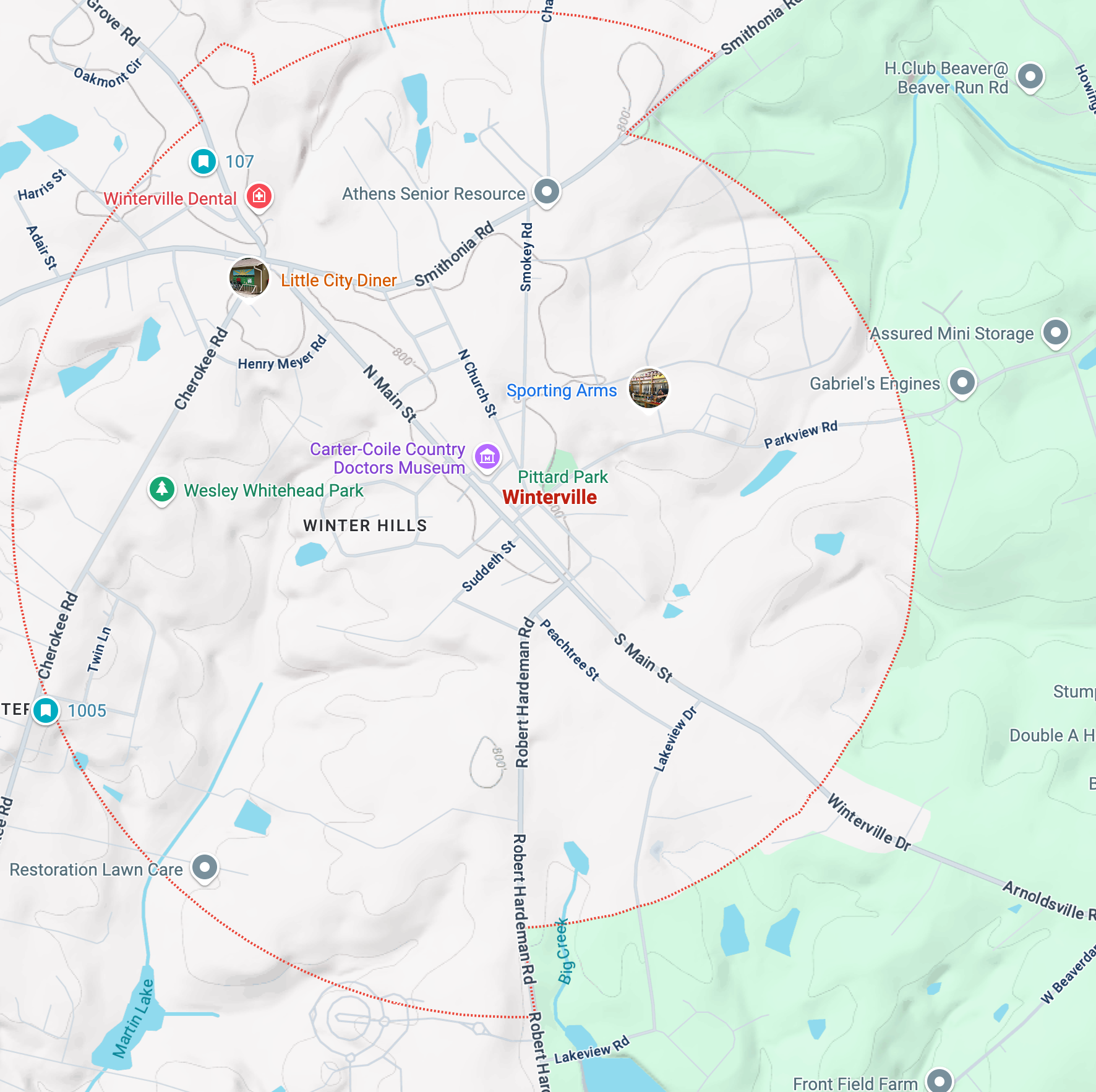 A map of a city with a red circle around it
