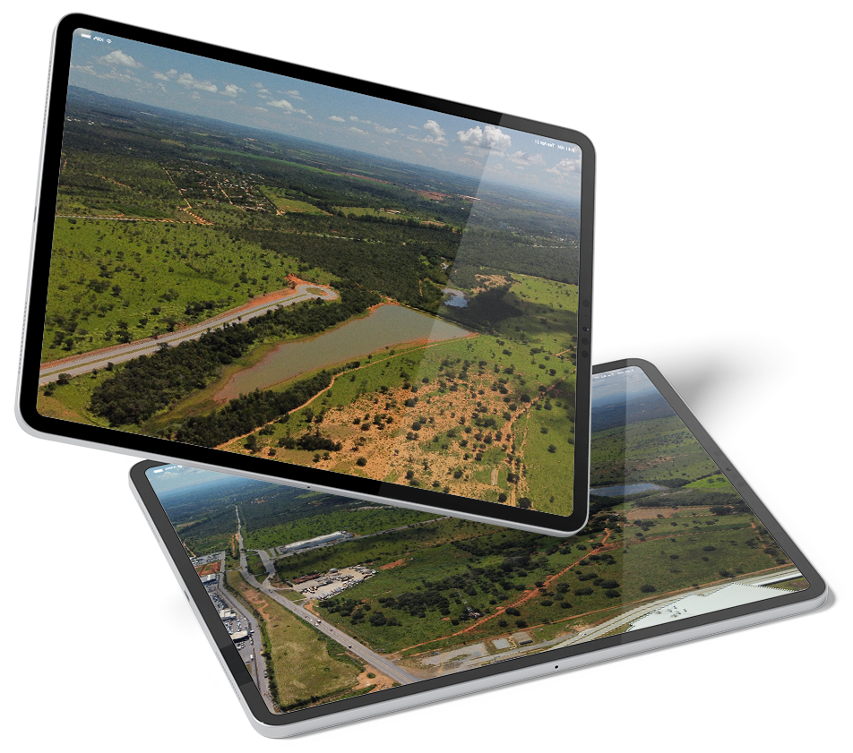 telas de tablets com imagens de empreendimentos logísticos