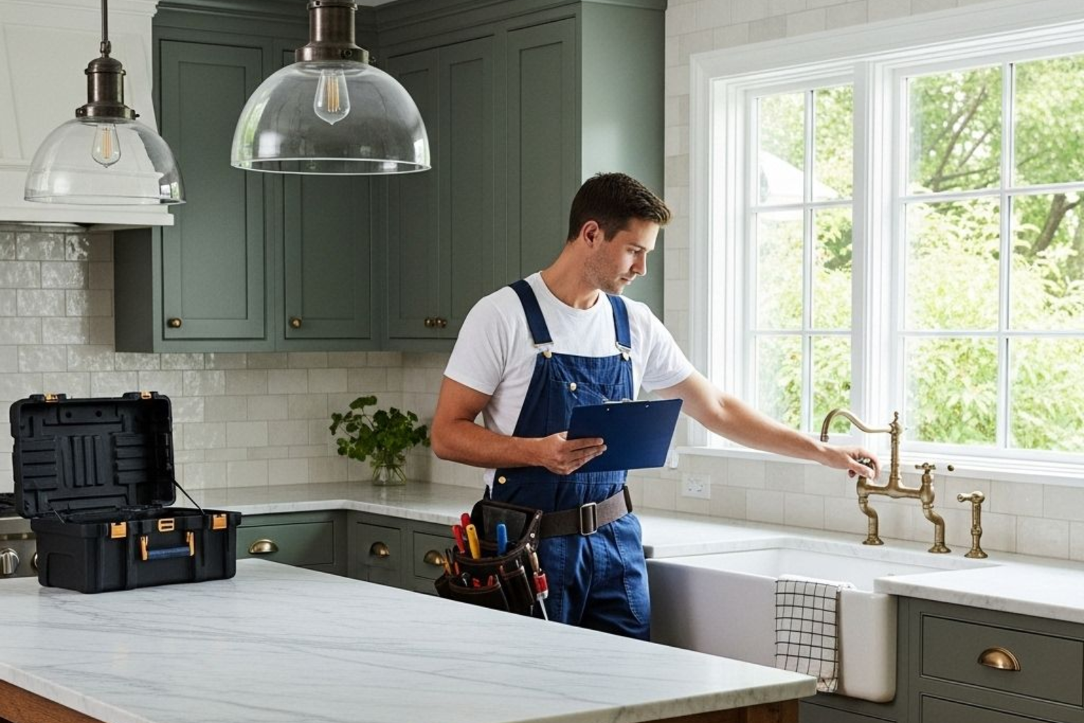 A professional wearing work overalls inspects a kitchen faucet while holding a clipboard in a modern kitchen.