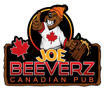 Joe Beefz Canadian Pub logo with a roaring beaver in a maple leaf shirt holding a mug and beer keg