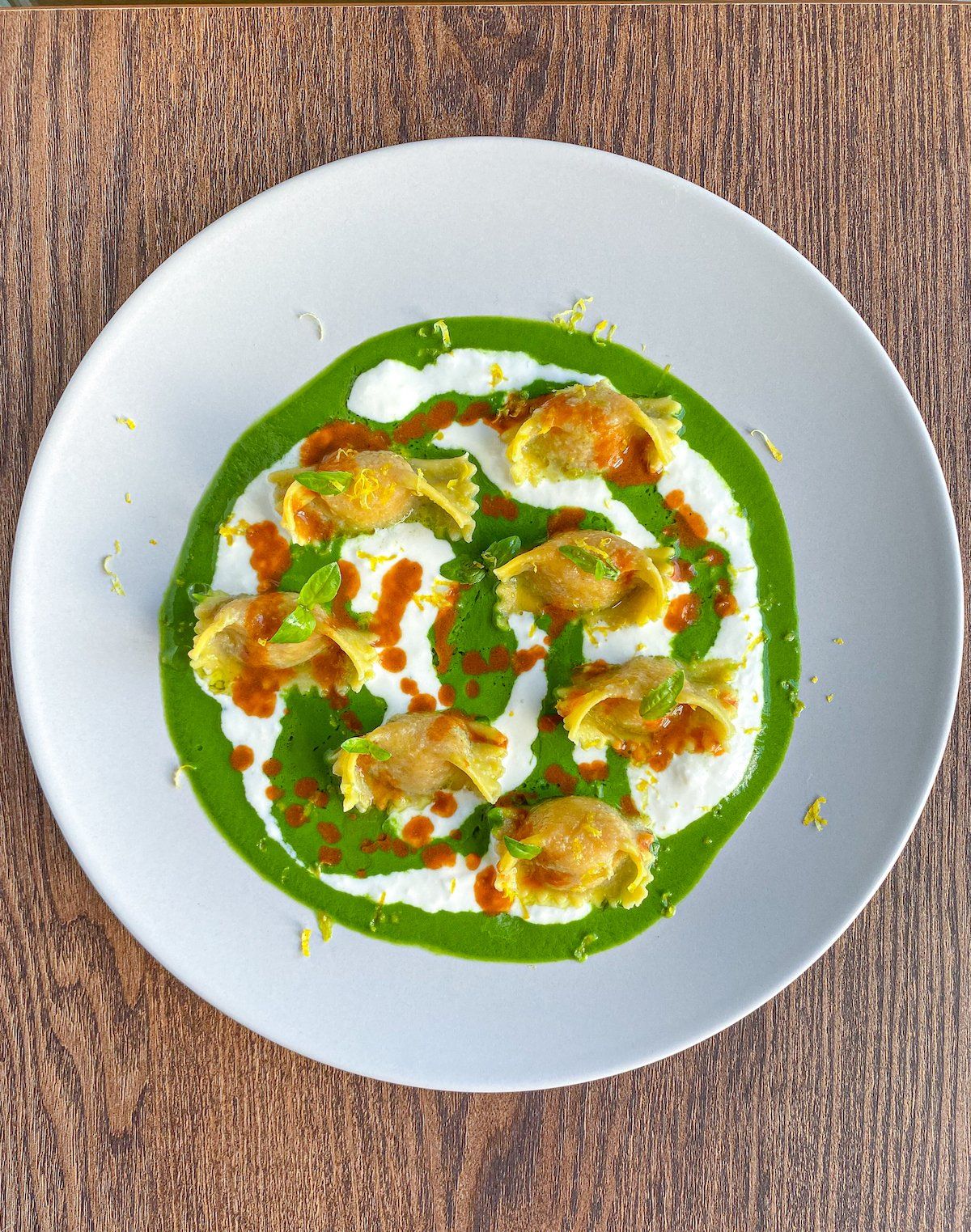 agnolotti pasta bique straciatella turnip top purée