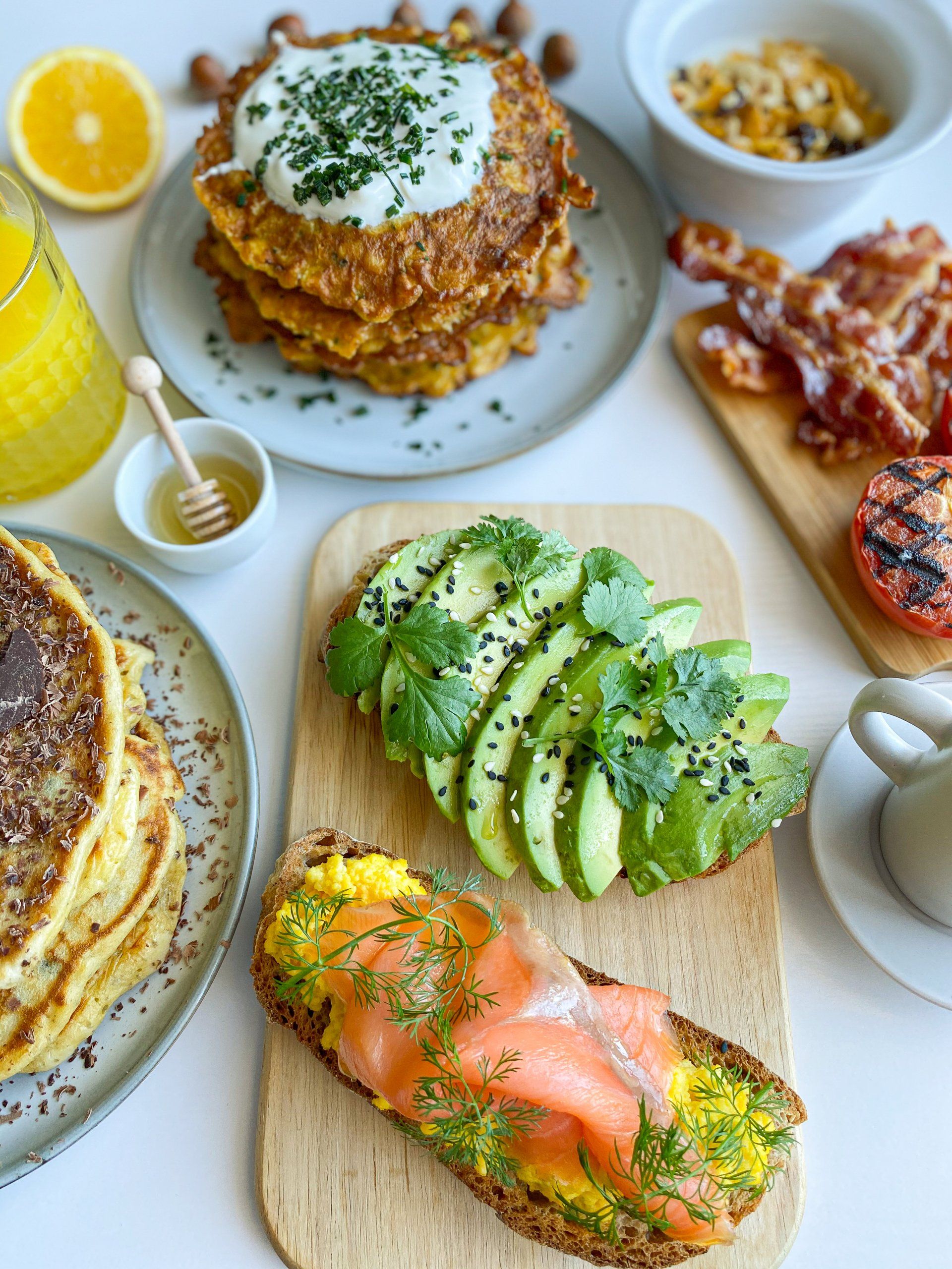 brunch avocado salmon eggs frittas becon