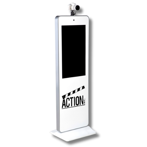 A white kiosk with a camera attached to it.