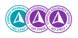 Three overlapping circular badges from Compass Assurance Services, labeled ISO 27001 (teal), ISO 27018 (purple), and ISO 27017.