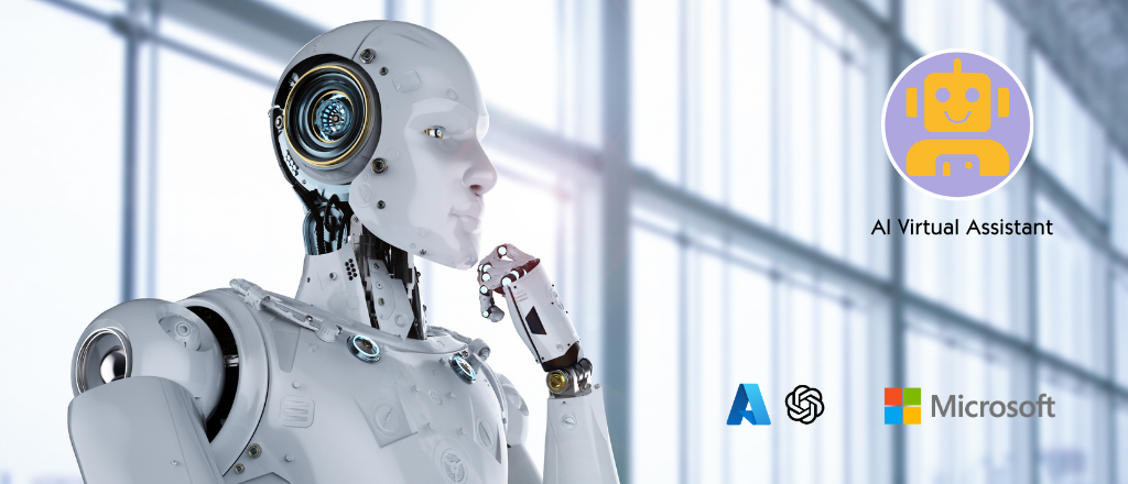 A humanoid robot rests its hand on its chin in a modern office with AI Virtual Assistant and Microsoft logos.