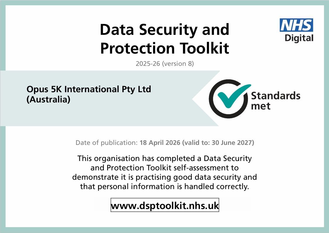 NHS Data Security and Protection Toolkit certificate for Opus 5K International Pty Ltd with standards mark.