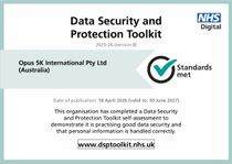 NHS Data Security and Protection Toolkit certificate for Opus 5K International Pty Ltd with standards mark.
