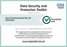NHS Data Security and Protection Toolkit certificate for Opus 5K International Pty Ltd with standards mark.