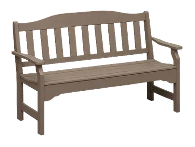 A brown bench with white stripes on the back and arm rests on a white background.