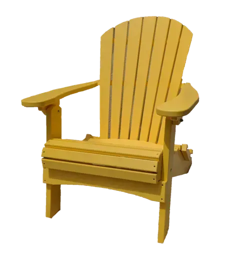 A yellow adirondack chair on a white background