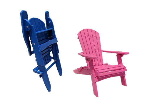 A blue chair and a pink chair are sitting next to each other on a white background.