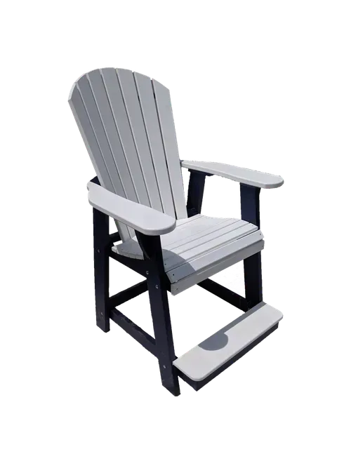 A white and black chair with a foot rest on a white background.