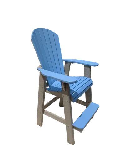 A blue chair with a foot rest on a white background