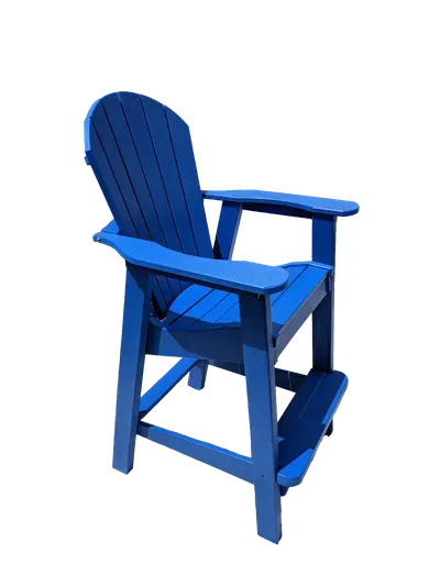 A blue chair with a foot rest on a white background