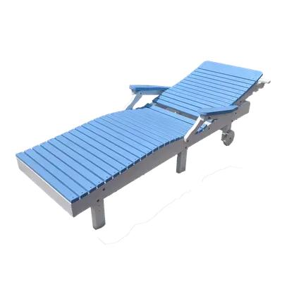 A blue and white lounge chair with wheels on a white background.