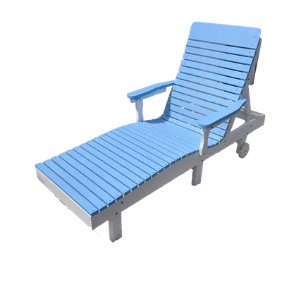 A blue and white lounge chair with wheels on a white background.