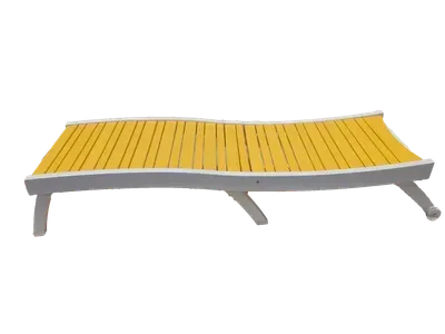 A yellow wooden bench with white legs on a white background