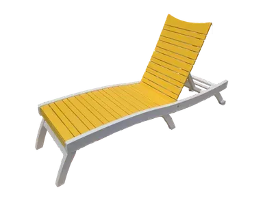 A yellow lounge chair with a white frame on a white background.