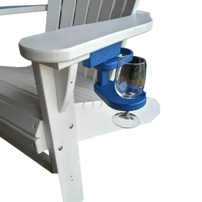 A white chair with a blue wine glass holder attached to it