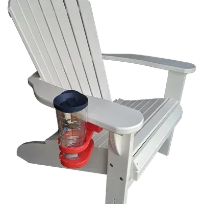 A white lawn chair with a cup holder on the arm