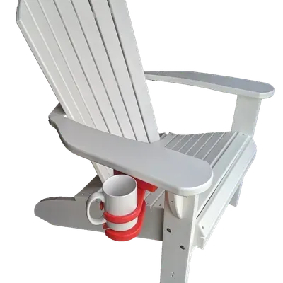 A white chair with a red cup holder on the arm