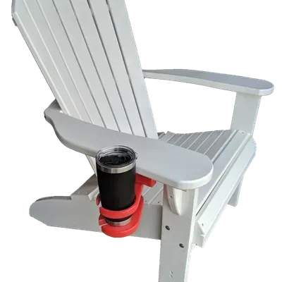 A white chair with a red cup holder on the arm