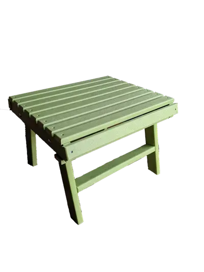 A green table with a shelf underneath it on a white background.