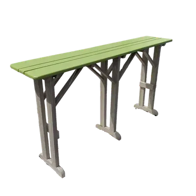 A long green table with a gray frame on a white background