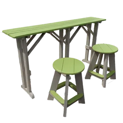 A green table and two green stools on a white background