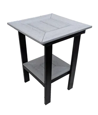 A small table with a shelf underneath it on a white background.