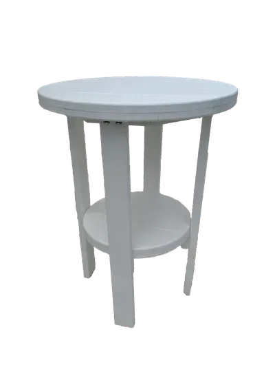 A white table with a shelf underneath it on a white background.