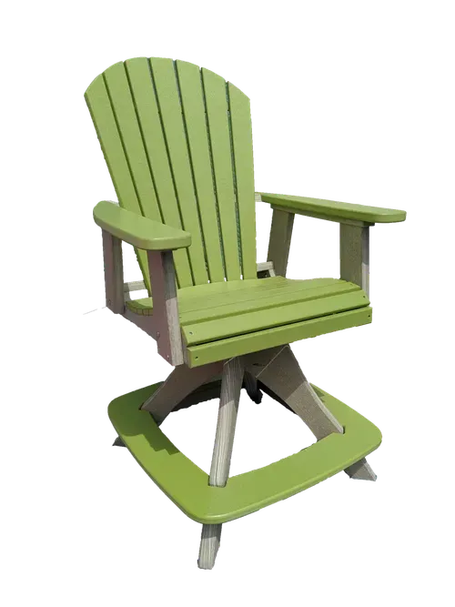 A green chair with a white base on a white background