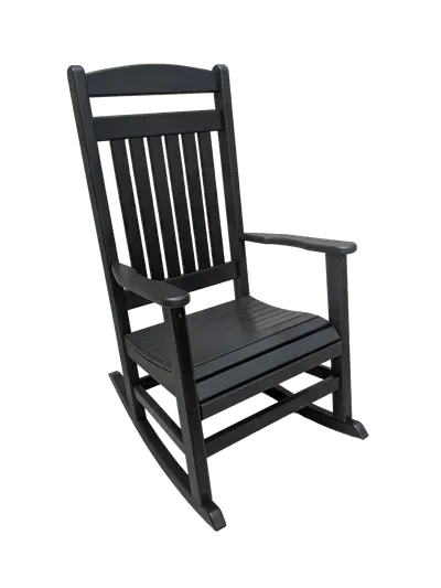 A black rocking chair on a white background.