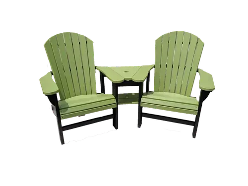 Two green chairs and a table on a white background.