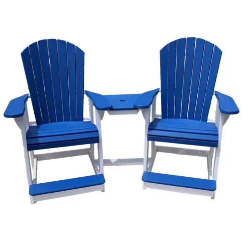 Two blue and white adirondack chairs with a side table