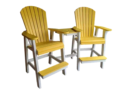 Two yellow adirondack chairs are sitting next to each other on a white background.