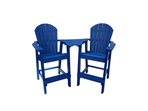 Two blue chairs and a table on a white background