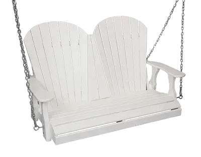 A white porch swing is hanging from chains on a white background.