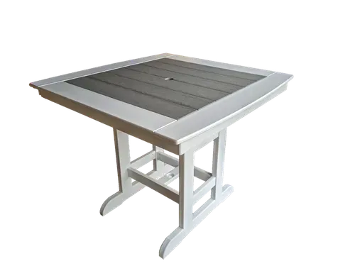 A square table with a black top and white legs on a white background.