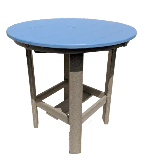 A round table with a blue top and grey legs