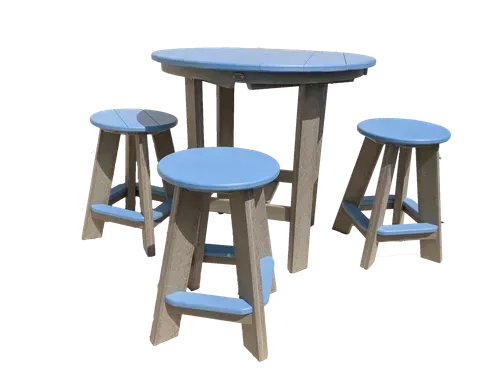 A table and stools with blue tops on a white background