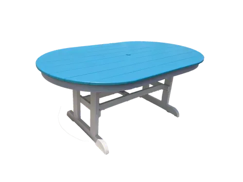 An oval table with a blue top and gray legs on a white background.
