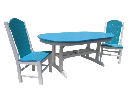 A blue table and two blue chairs on a white background.