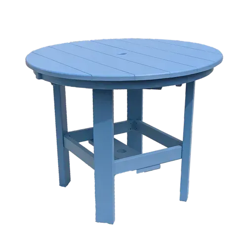A blue round table with legs on a white background
